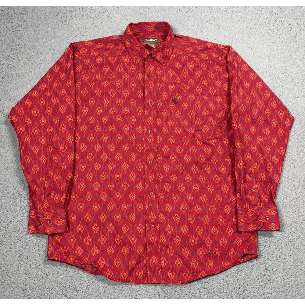 Ariat Shirt Mens‎ M Red Aztec Parsons Geometric Long Sleeve Button Up Western